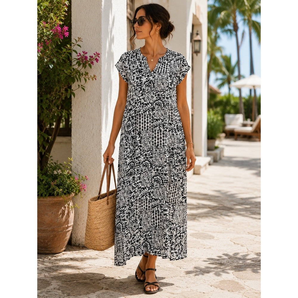 Y2K Patio Casual Cabernet XL Patchwork Boho Cottagecore Pockets Shift Dress HH29